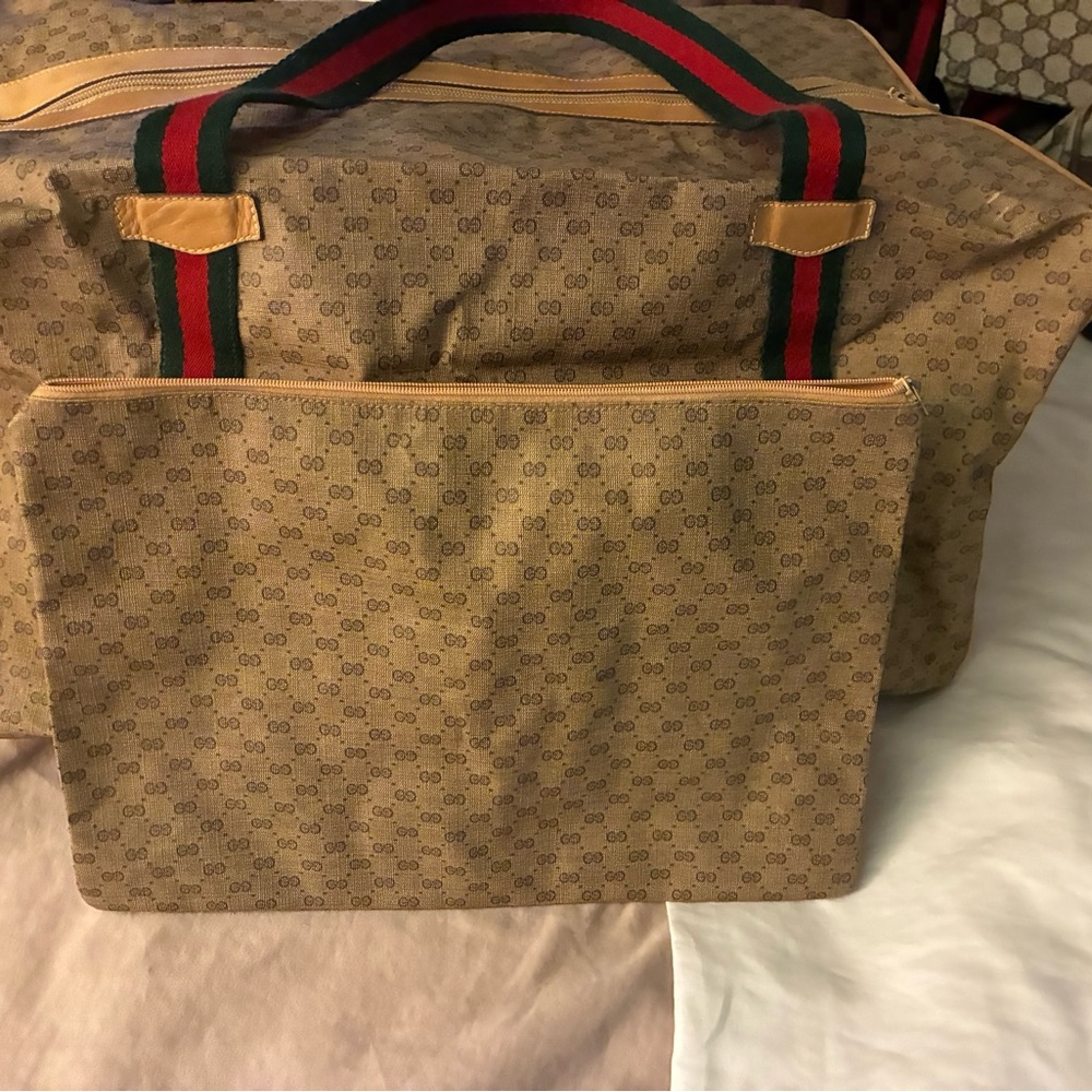 Gucci Brown Monogram Duffel Bag with Green and Red Straps